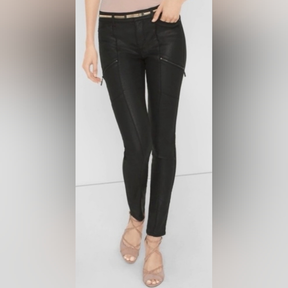 White House Black Market Faux Leather Black Coated Moto Skinny Jeans Size 6 NWOT